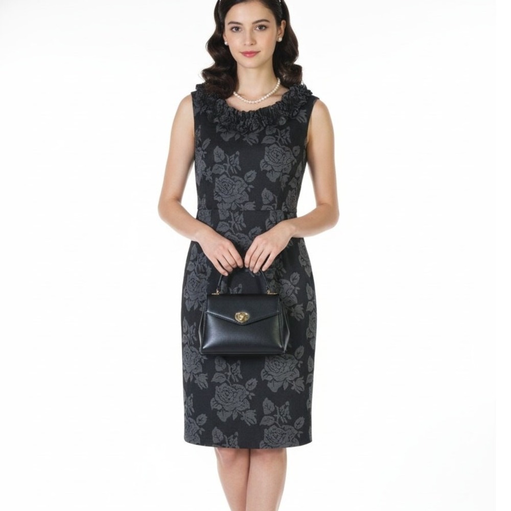 NWT London Times Floral Ruffle Sheath Dress Womens 8 Black Knit Modest Church